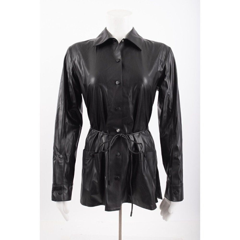Theory Womans Faux Leather Shirt Jacket Size P Petite Black Lightweight Tie Belt